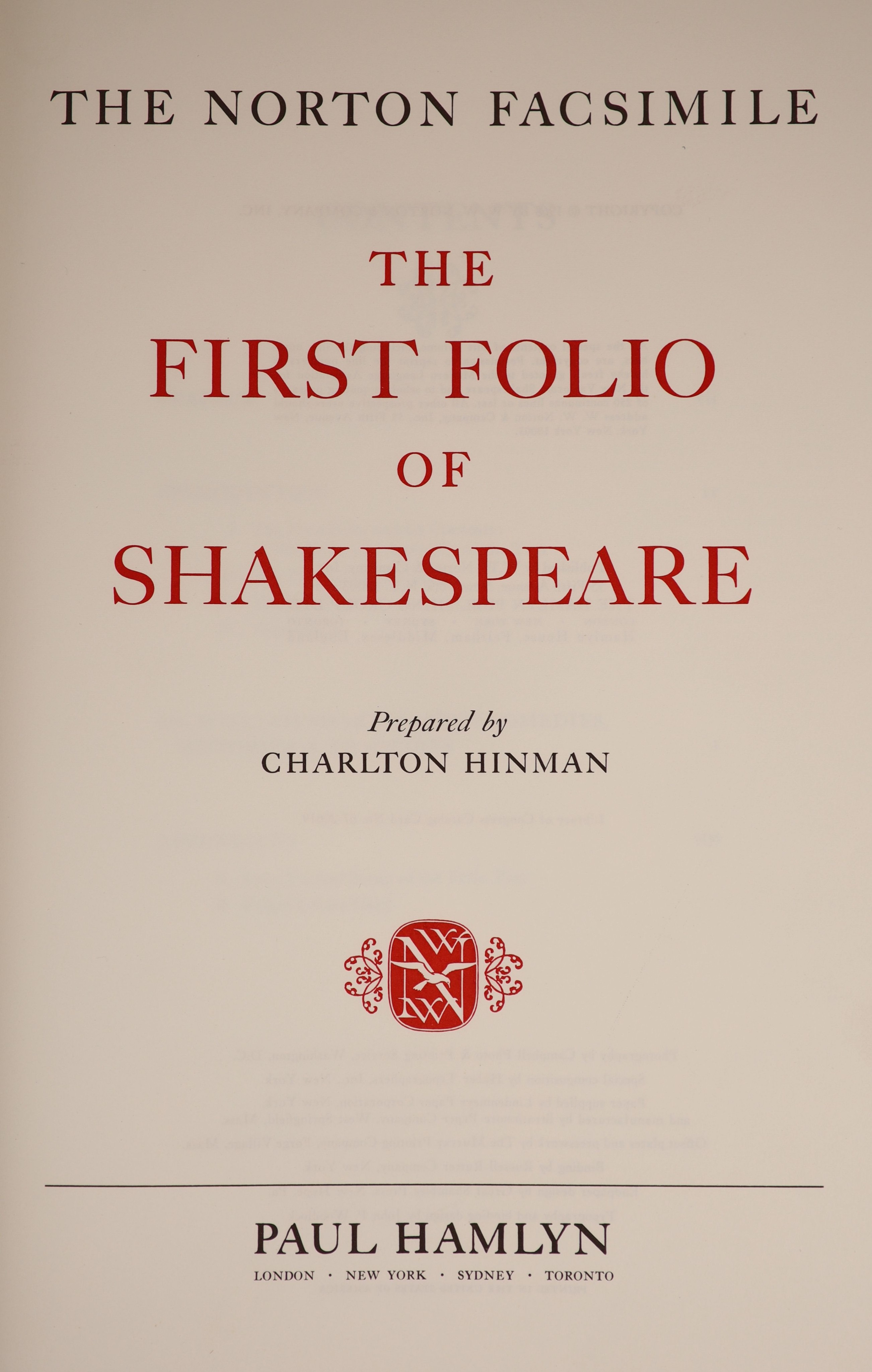 Shakespeare, William - The Norton Facsimile: the First Folio of Shakespeare. Prepared by Charlton Hinman. red morocco-backed buckram, gilt spine & top, patterned e/ps., in slipcase, thick folio. Paul Hamlyn, 1968